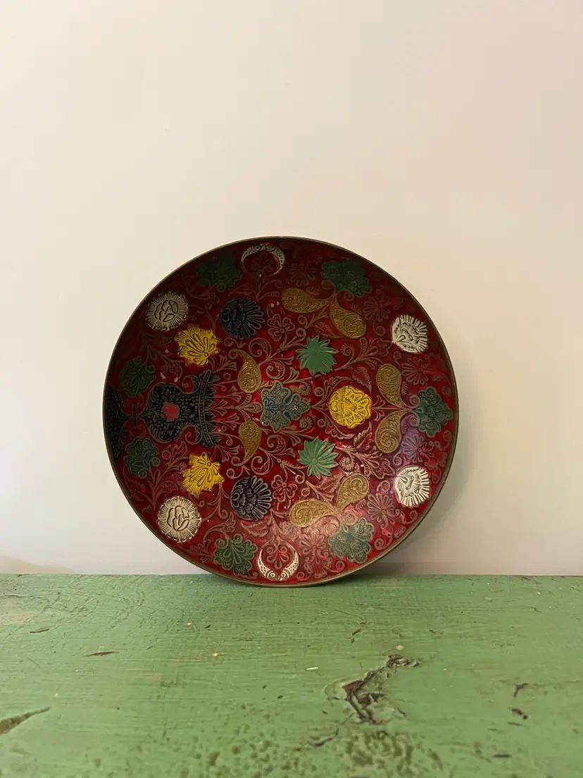 Floral Enameled Brass Bowl. Made in India. Decorative Plate Wall Hanging. Pedestal Bowl- Trinket Dish. 1970s
