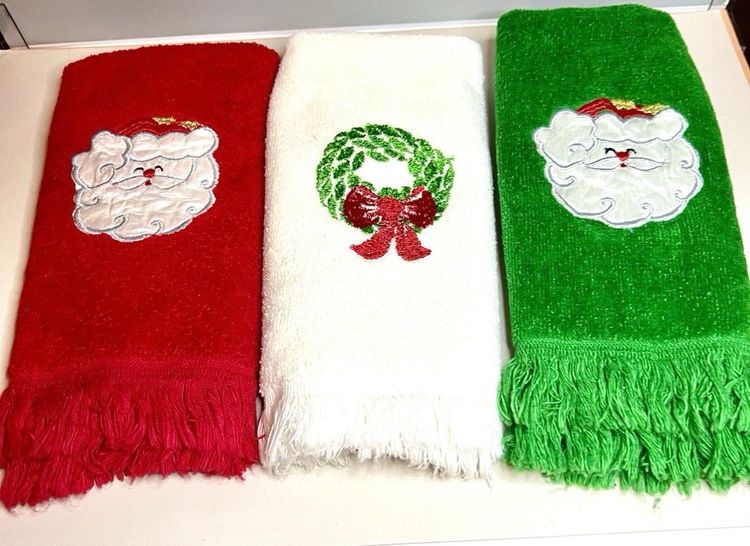 Three Vintage Cannon Christmas Embroidered Fingertip Towels Red Green And White