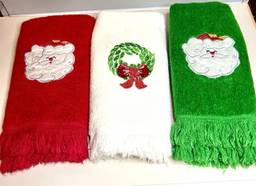 Three Vintage Cannon Christmas Embroidered Fingertip Towels Red Green And White