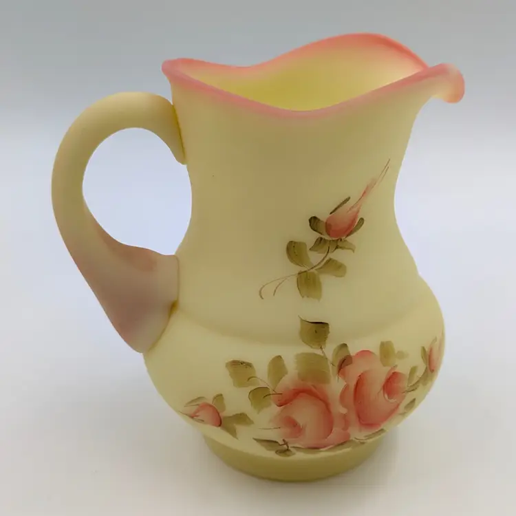 Fenton Burmese with Roses Creamer Pitcher Hand Painted Signed Nancy