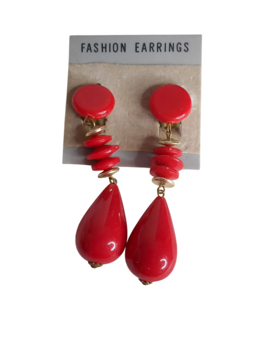 Vintage Red Silver Dangle Bead Earrings 1980s clip on Estate Find