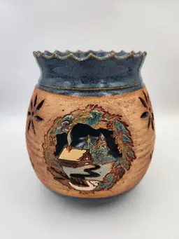 Artist Signed Studio Pottery Mountain Scene Luminary Blue Glaze w/Floral Cutouts