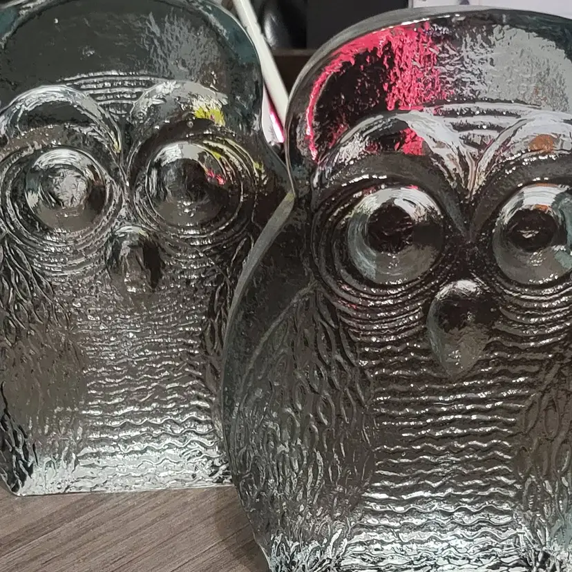 Vintage Clear Blenko Glass Owl Bookends 1969 by Joel Myers 7" x 5 1/2" read description