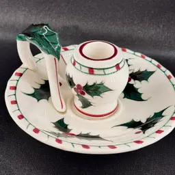 Vintage Lefton Christmas Holly Berry Chamberstick Candle Holder