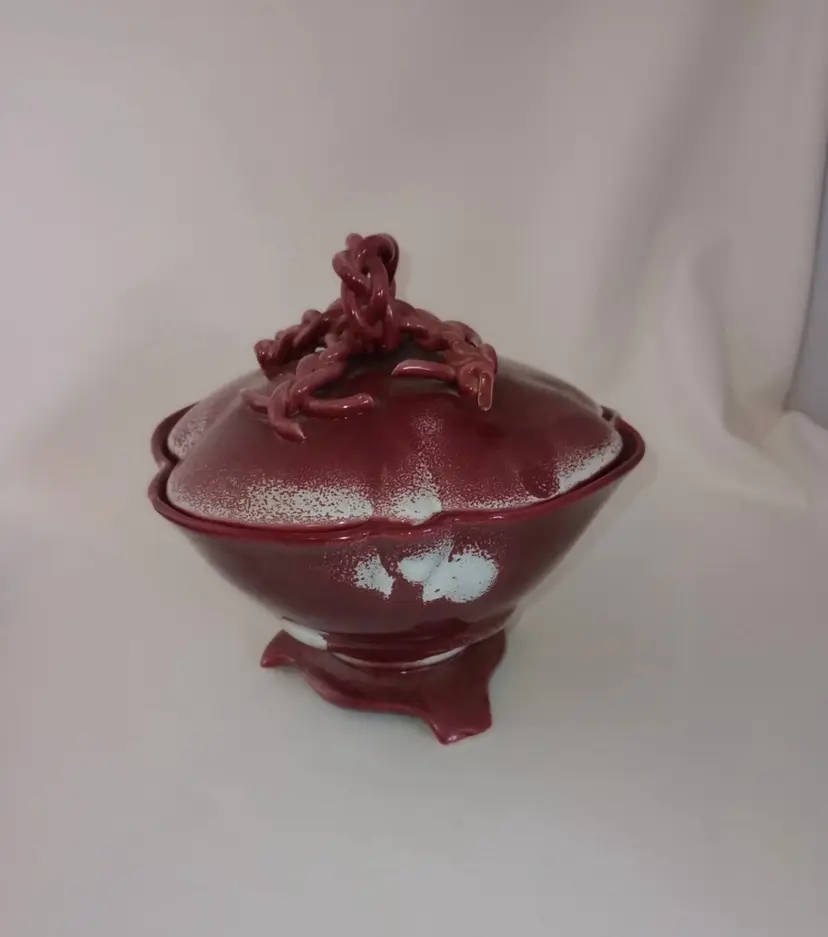 Vintage JOHANNES BRAHM Pottery MCM Red - Twisted Spaghe Handle Covered Bowl