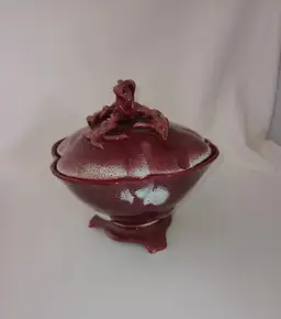 Vintage JOHANNES BRAHM Pottery MCM Red - Twisted Spaghe Handle Covered Bowl
