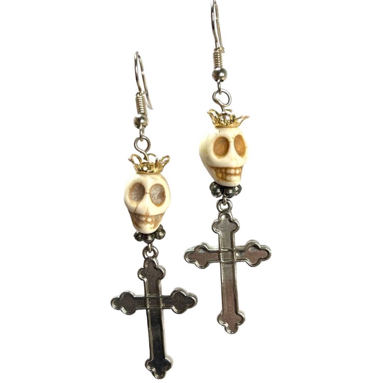 Skull Bead and Silver-tone Cross Halloween Earrings. Macabre Day of the Dead. Dia de los Muertos. Handmade by me 💀.