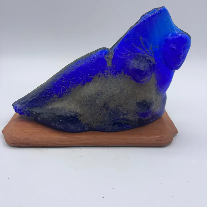 Vintage Art Glass Siren With Carving On Back And Wood Stand