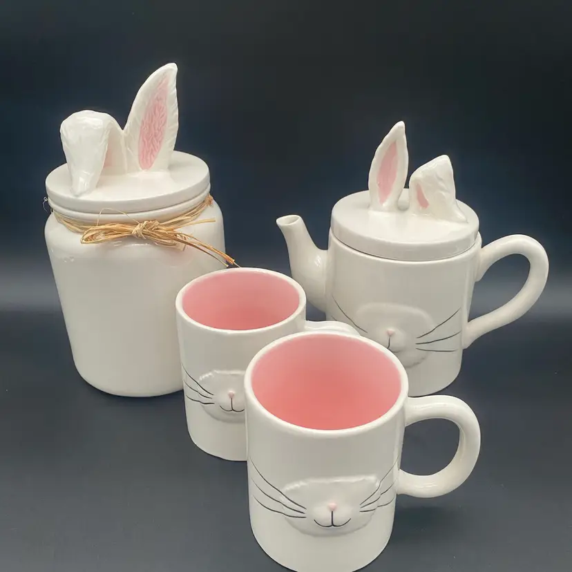 Magenta White Bunny Rabbit Ceramic Set - Mugs, Canister & Teapot - Unused