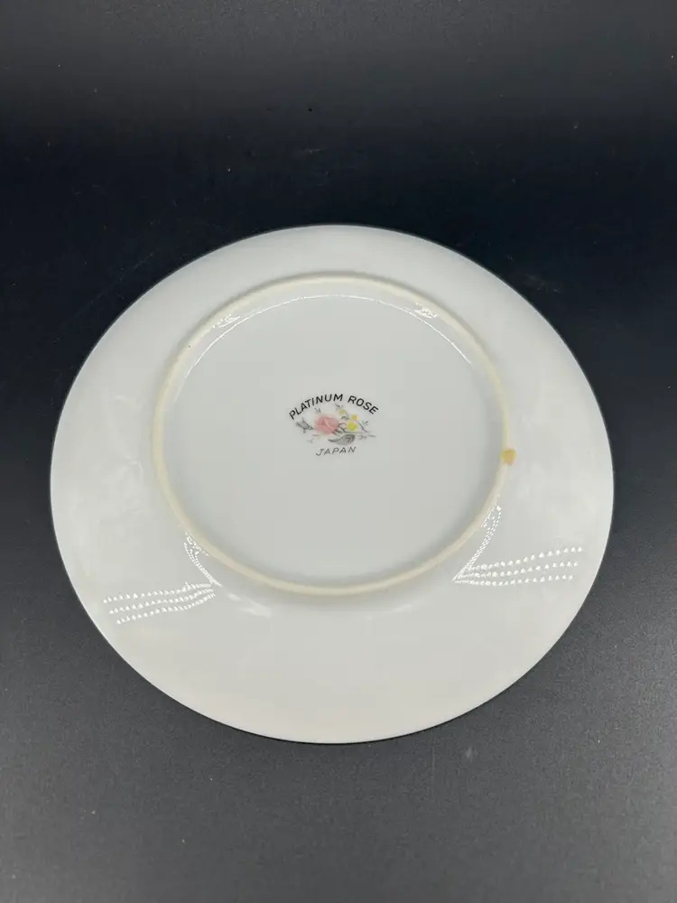 PORCELAIN DESSERT PLATE , PINK ROSES AND PLATINUM TRIM BY SANGO CHINA