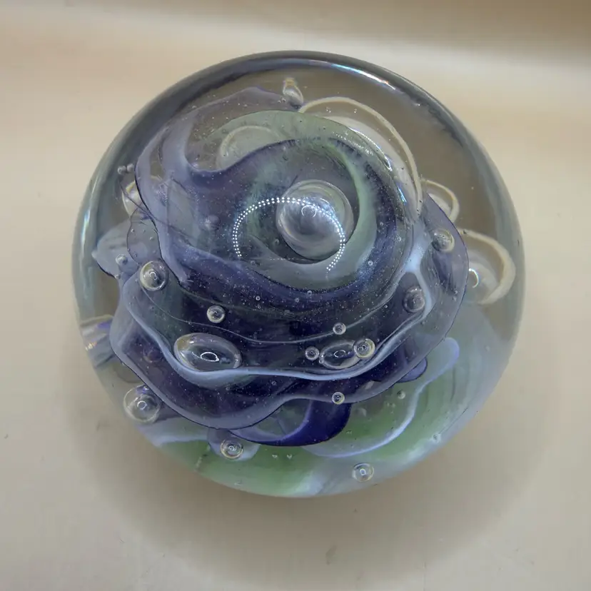 Robert L. Hamon Signed Purple & Lime Green Ribbon Mini Sphere Art Glass Paperweight 2β