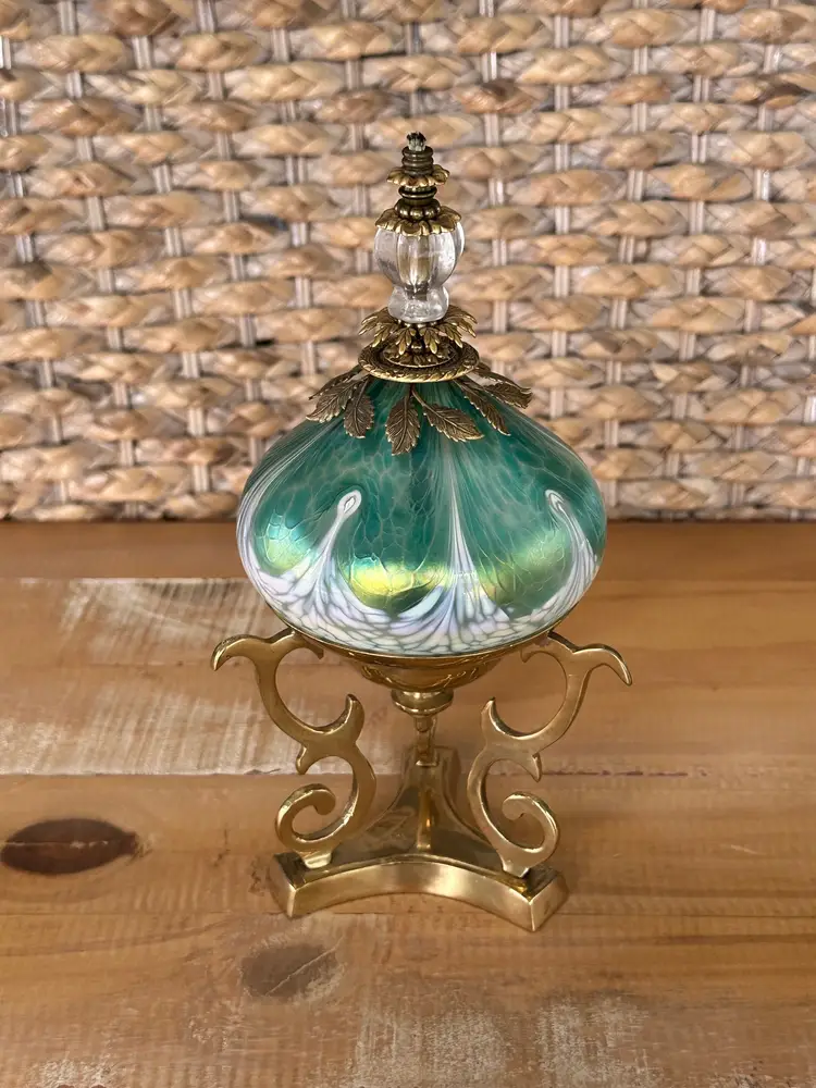 Vintage Iridescent Mt. St. Helen’s Ash Glass? Blown Glass Oil Lamp & Brass Stand