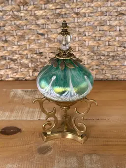 Vintage Iridescent Mt. St. Helen’s Ash Glass? Blown Glass Oil Lamp & Brass Stand