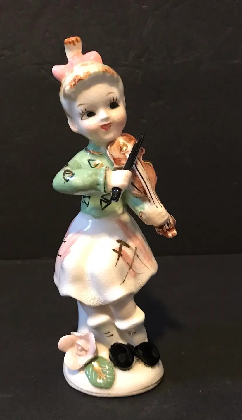 Vintage UCAGCO Girl Figurine 1960's Japan Child Playing Violin Hand Painted