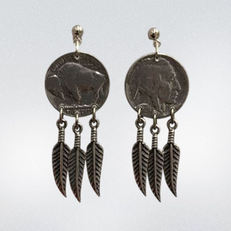 Vintage Native American Buffalo Nickel Feather Dangle Earrings, 2”