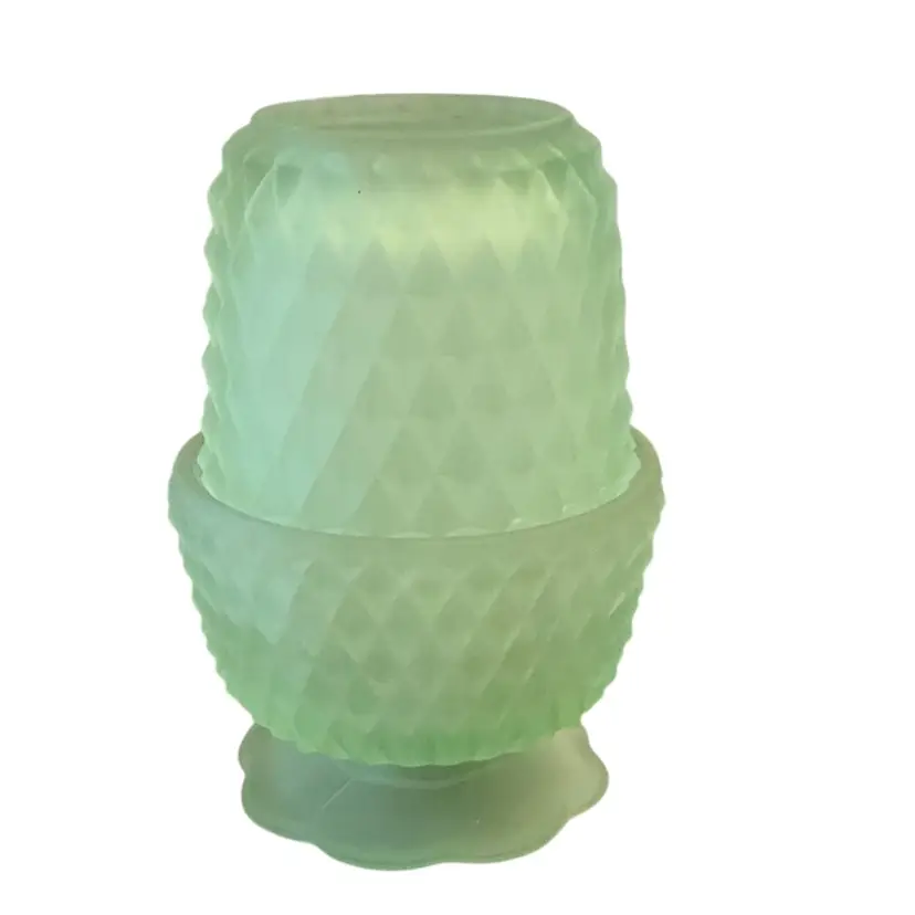 Vintage Indiana Glass 2-piece Diamond Point HTF Frosted Green/Satin Mint Fairy Lamp  5 1/4” X 3 1/2”
