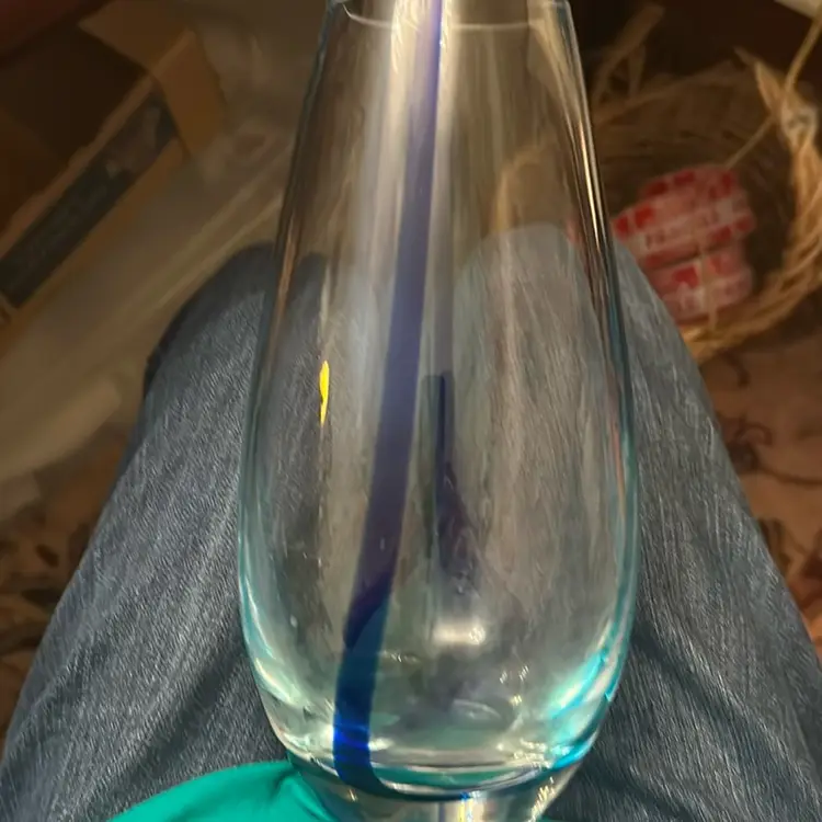 Vase Handblown Art Glass Clear W/Blue Striped Blue & Cobalt Blue Lines 9.5" Tall