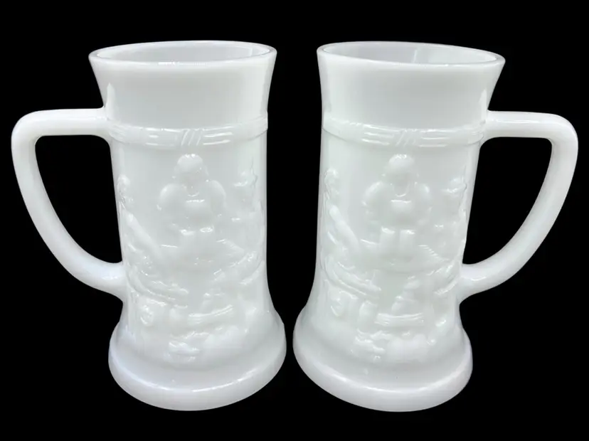 Set of 2 Vintage Federal Milk Glass Beer Mug Tankard Stein White Bar Tavern 10oz