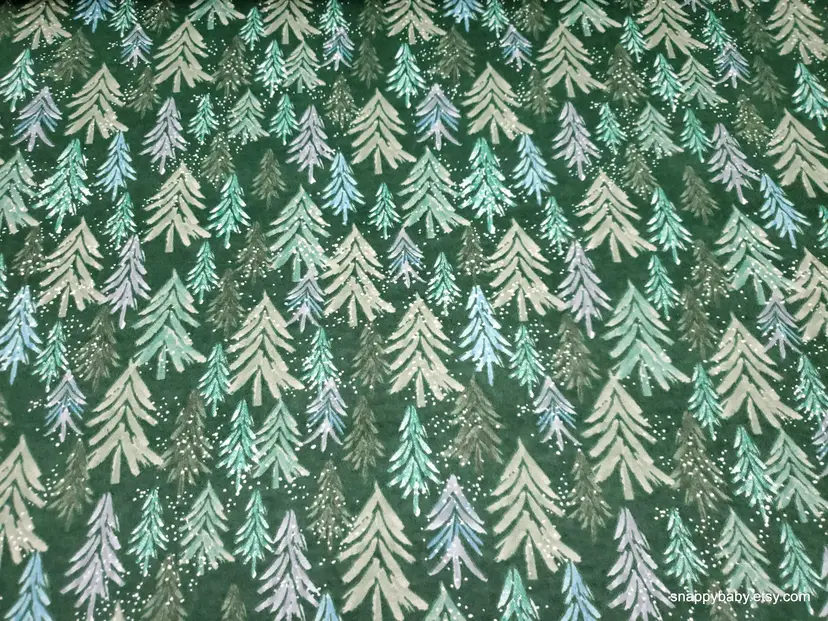 Green Painted Pine Trees with Snow Flannel Fabric Remnant - 100% Cotton - Choose Size - Soft Craft & Quilting Fabric
