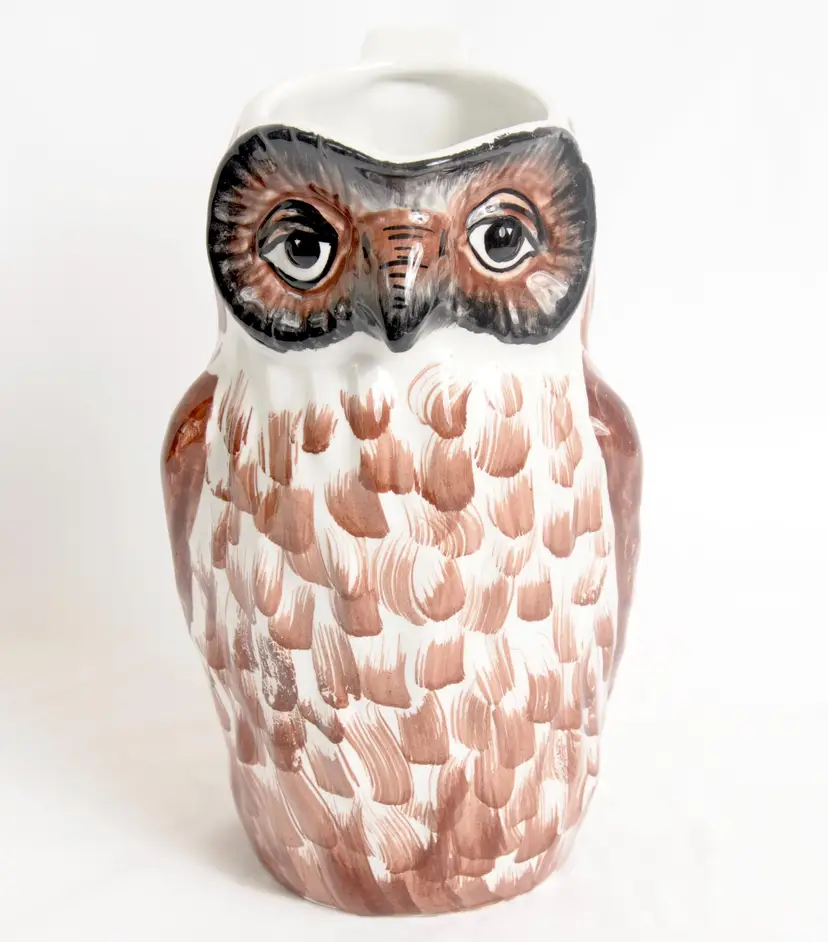 Italian Hand Painted Owl Shaped Ceramic Pitcher 33/215 White Brown "As Is"