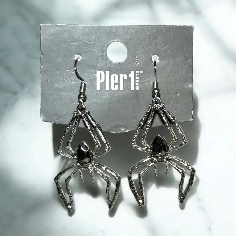 Pier 1 Imports Halloween Jewelry Spider Earrings Metal & Jewel Body New