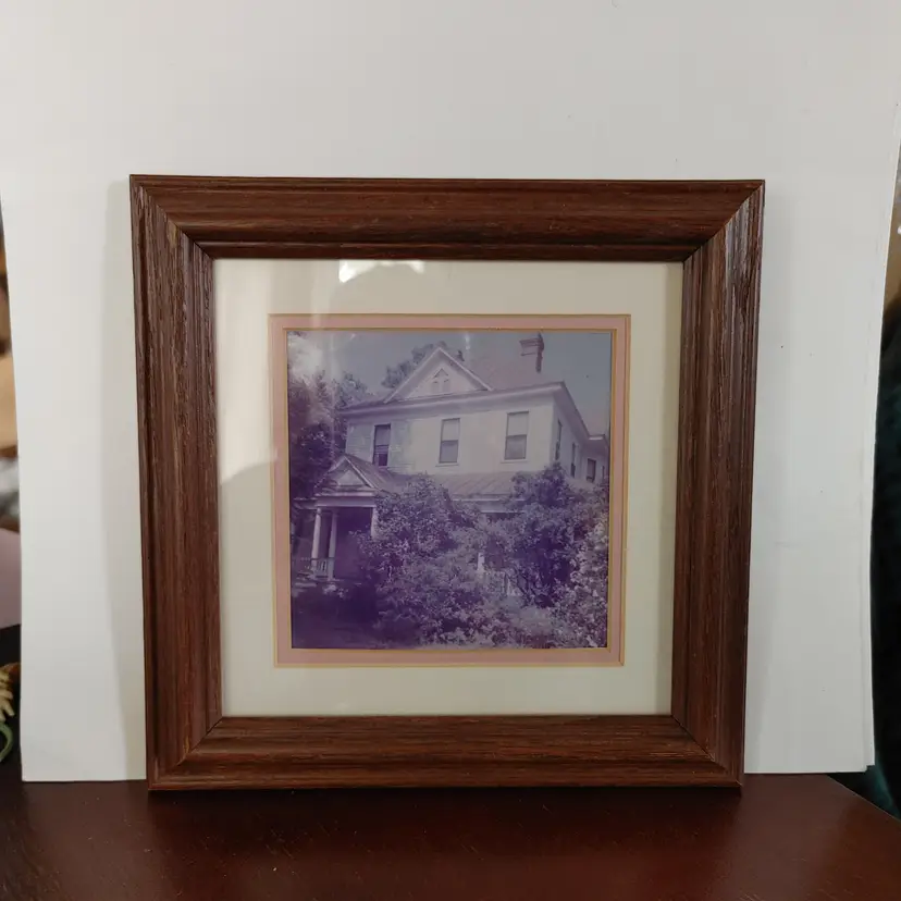 Framed picture of house. Back says 1930-47. House in Sumter, SC. Frame 7.75 x 7.75.