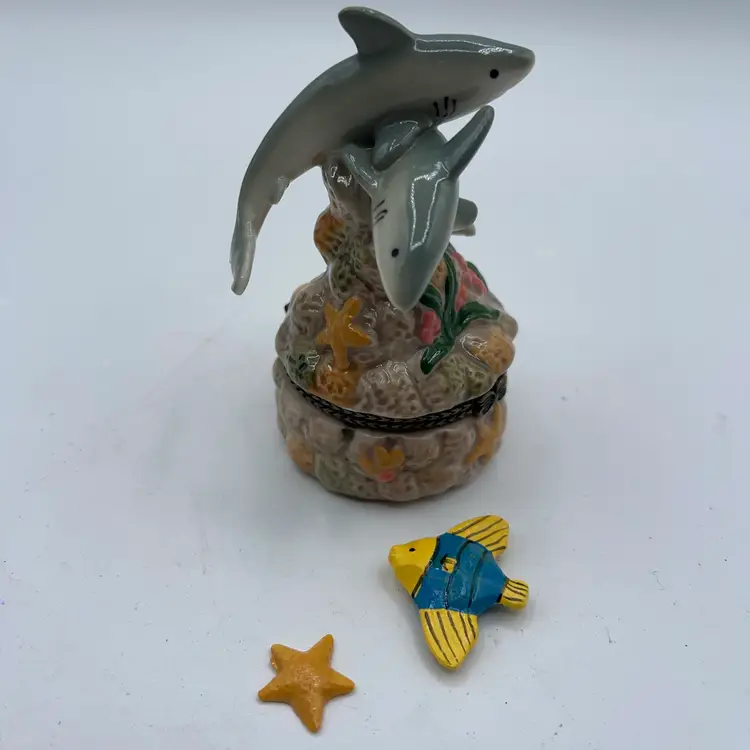 11-Porcelain Sharks On A Reef Trinket Box W/ Angelfish & Seastar Trinkets