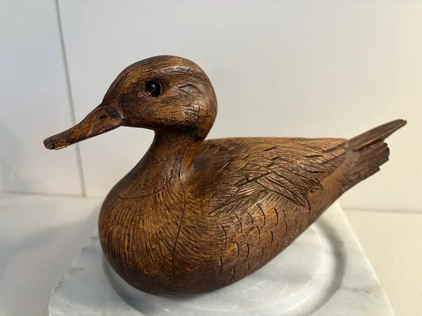 Vintage Hand Carved Wood Duck Decoy Figurine With Glass Eyes