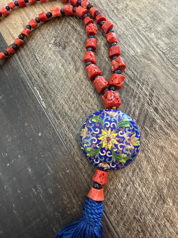 Vintage Judith Leiber Coral & Cloisonné Necklace