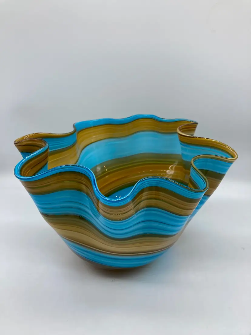 Blown Art Glass Bowl Wavy Rim With Blue And Caramel Color Stripes - 5" tall, 9" across