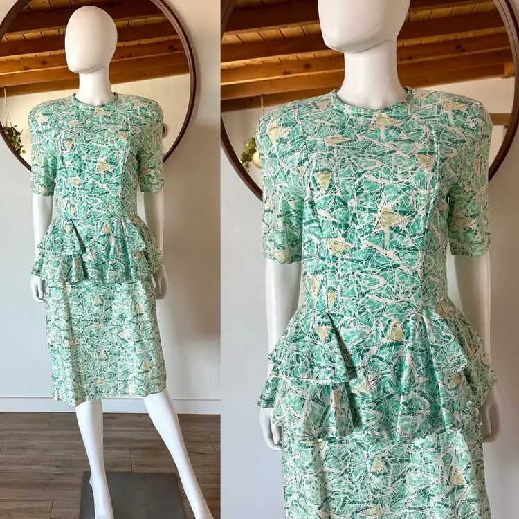 Vintage 80's Dara Jeffries by Linda Hutley Abstract Funky Short Sleeve Peplum Dress Fits M-M/L