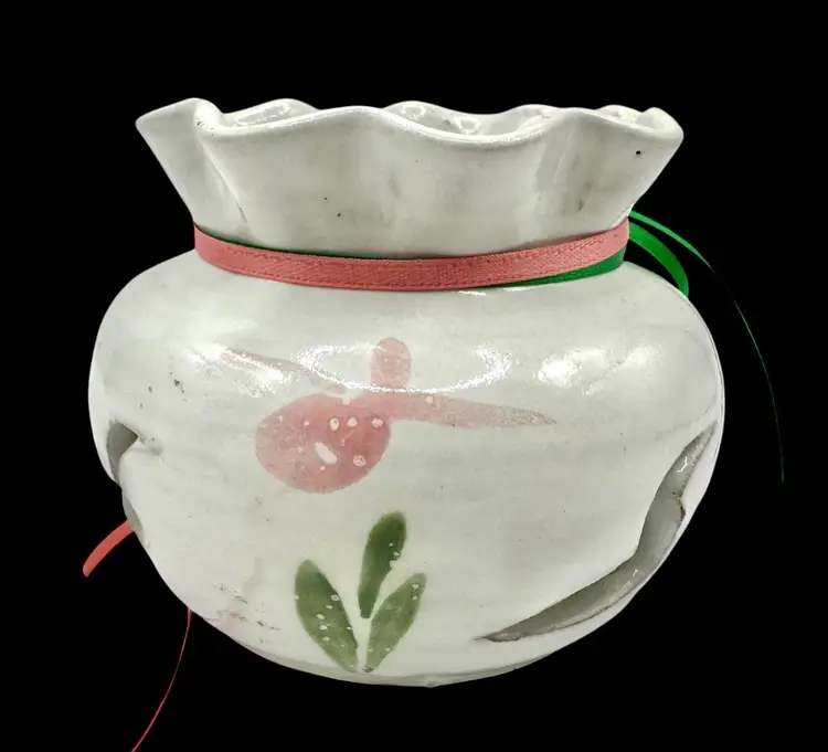 Signed Pottery Candle Holder Luminary Potpourri Pot  Flower Bird Duck Loon 3”