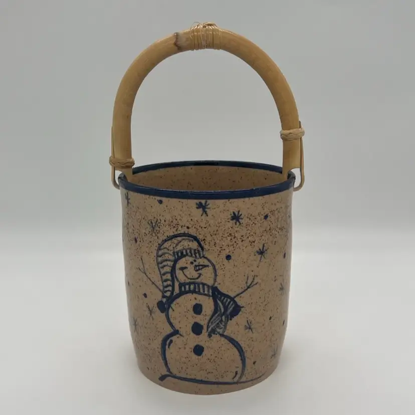 Vintage Stoneware Pottery Snowman Bucket Vase Vessel Signed Jennifer Olsen Gast 2002 Primitive Folk Art Christmas Decor