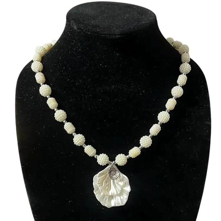 Vintage Beaded Beachy necklace Plastic Shells Aurora Borealis Sterling Silver Clasp