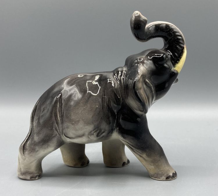 Ceramic Elephant Figure - Trunk Up Standing Walking Gray Grey Japan - Vintage