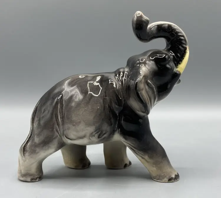 Ceramic Elephant Figure - Trunk Up Standing Walking Gray Grey Japan - Vintage