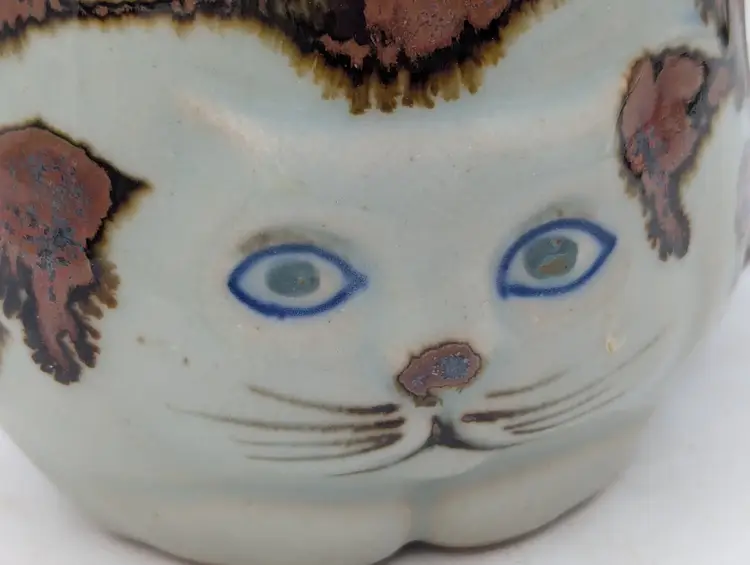 Vintage Takahashi Cat Mug with Tail Handle Grey, Brown, Blue Pottery