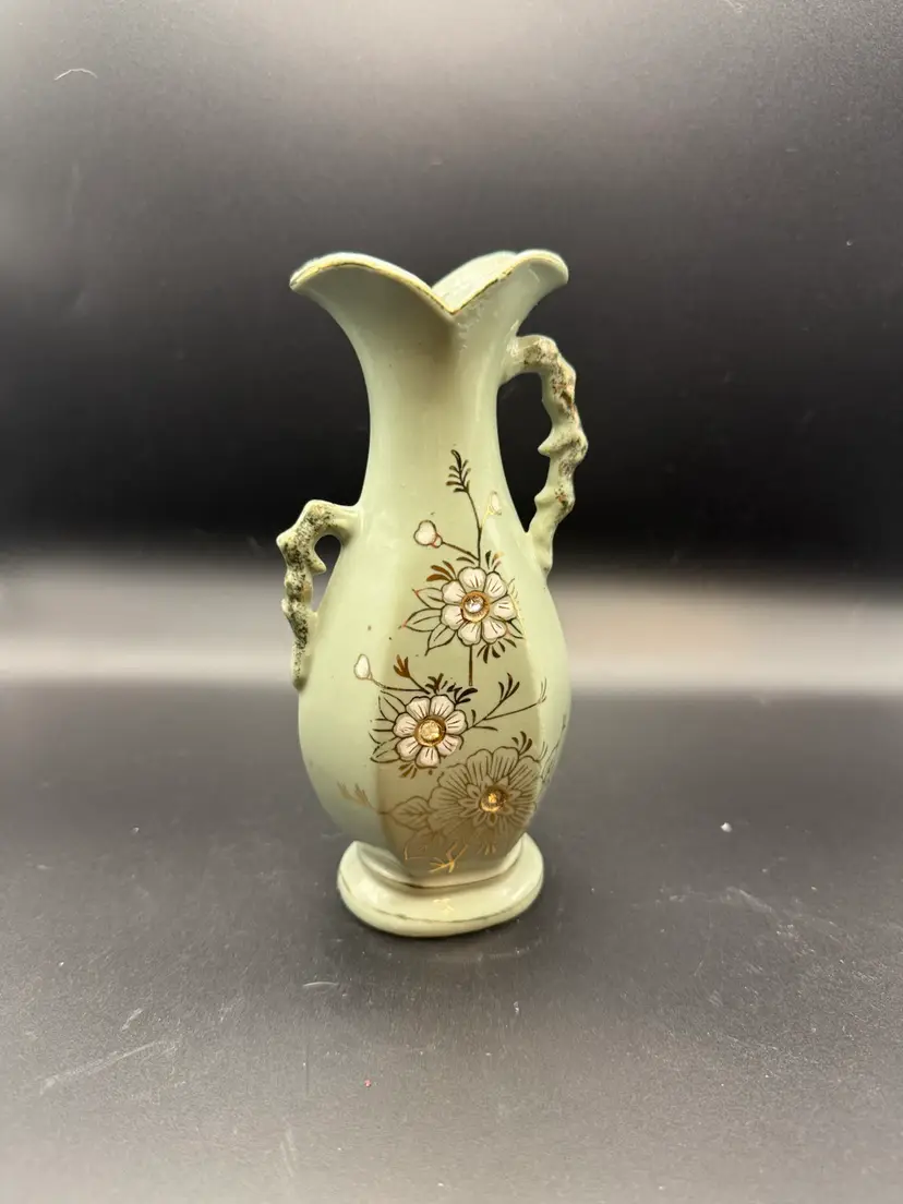 Antique Porcelain Green Two-Handled Vase with Rhinestones and Flowers