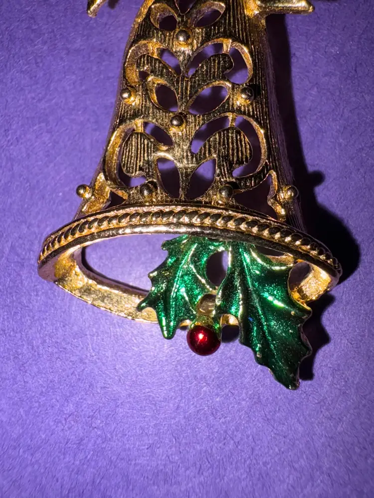 Vintage Christmas Bell Brooch ~ Gold Tone Filigree Bell With Red And Green Holly And Ivy ~ Beautiful