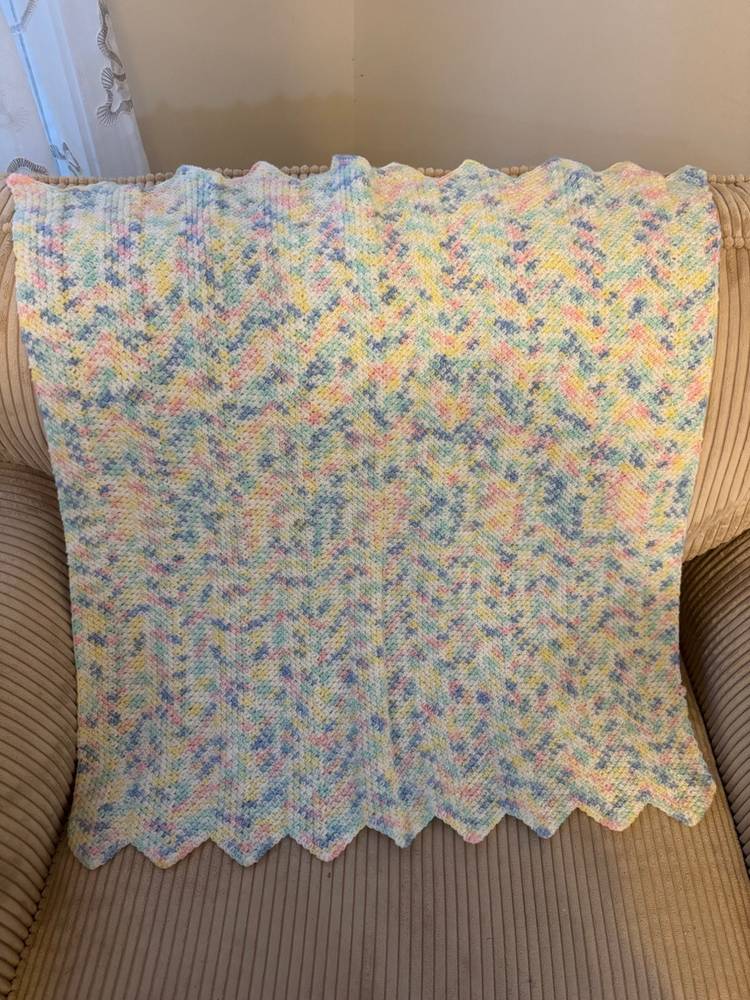 Beautiful Crocheted Baby Blanket Chevron Pattern Multi Variegated Colors Pink, Green, Yellow, White, Blue 29”x 30”
