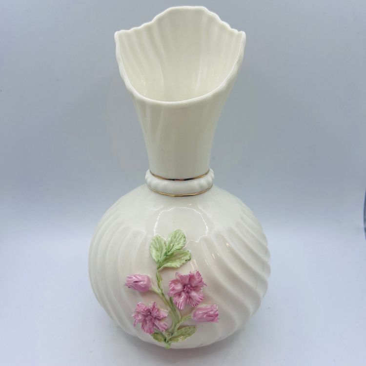 Belleek Ireland Pink Floral Scroll Vase 7” FF