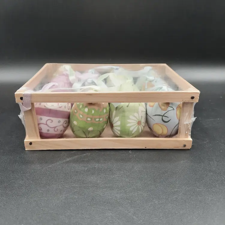 Vintage 2002 Paper Mache Pastel Print Easter Egg Ornaments Set of 12