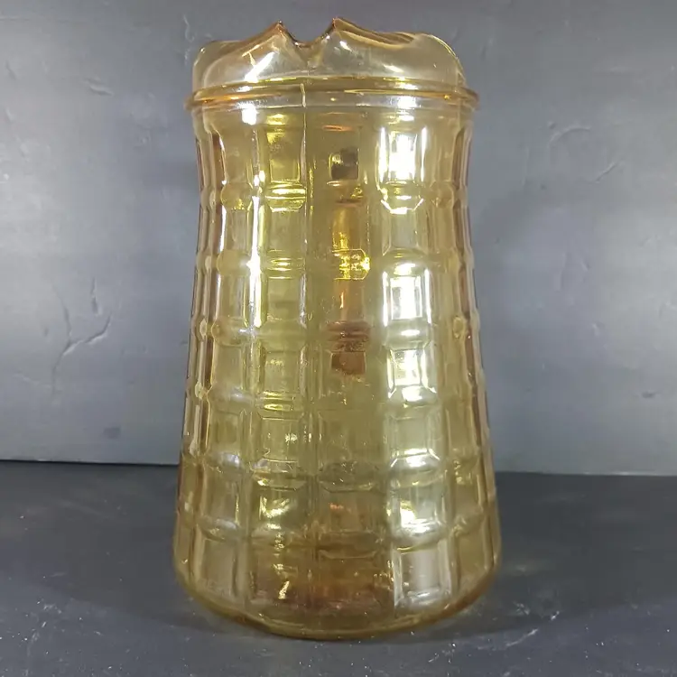 Vintage YELLOW Amber GLASS WAFFLE BLOCK Pattern Water PITCHER with Ice Lip MCM