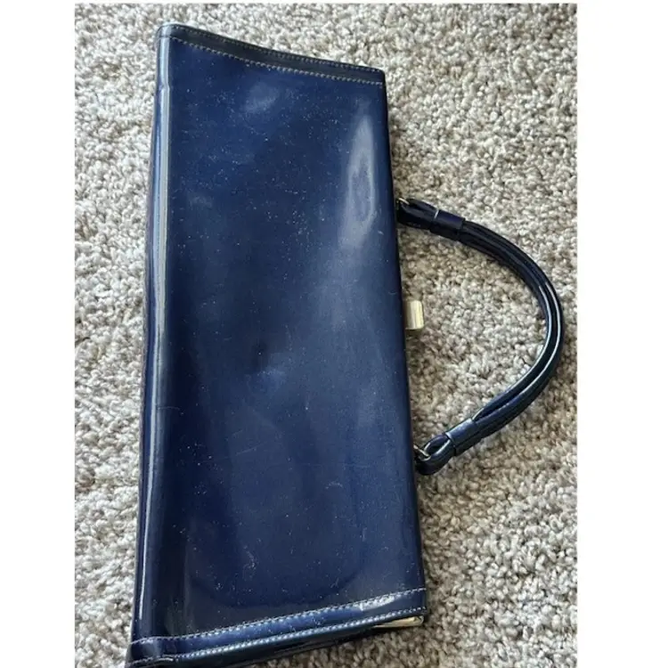 Vintage 1960s MOD Handbag ROYAL BLUE Long Purse Patent Vinyl Gold Hardware
