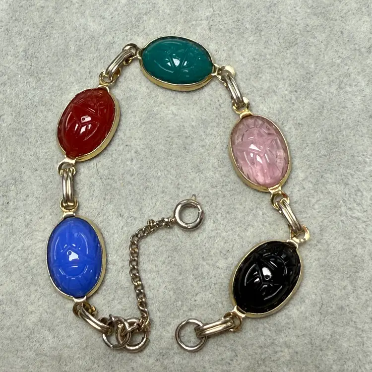 Vintage 7.25" Egyptian Revival Scarab Beetle Bracelet Semi Precious Gold Tone