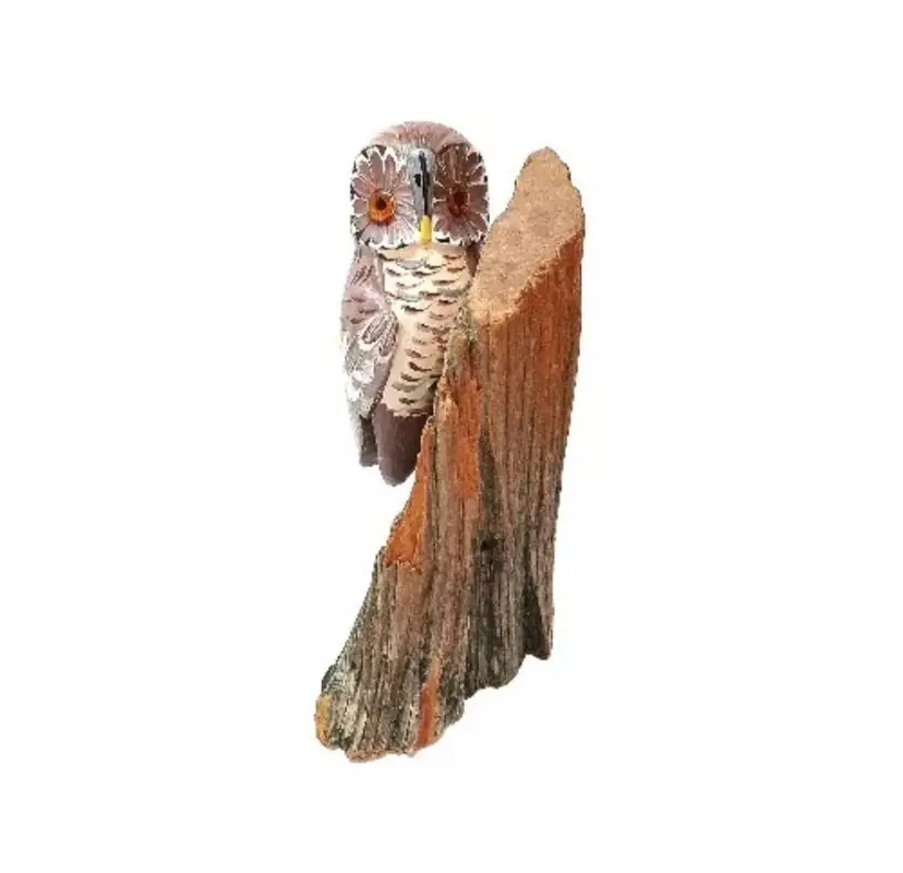 Vintage Hand-Carved Wood And Painted Owl Figurine On A Tree Branch Folk Art 6½"