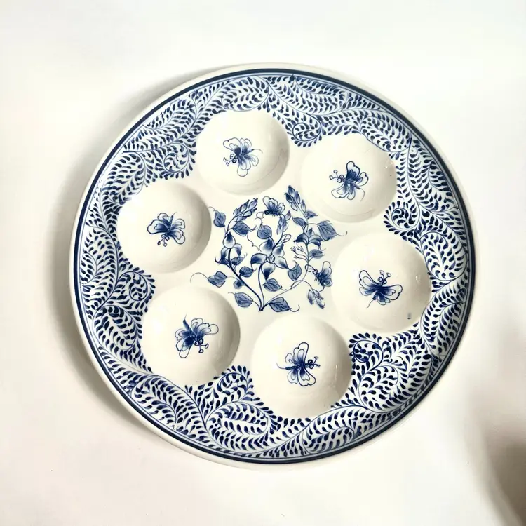 Vintage Passover Seder Plate Blue And White Floral Butterfly Design