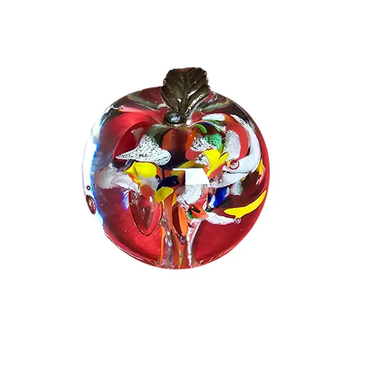 VINTAGE ART GLASS APPLE WITH BRONZE LEAF PAPERWEIGHT MULTICOLOR UNDERWATER FLOWER GARDEN POLISHED BOTTOM UNSIGNED POSSIBLY MURANO SEE PHOTOGRAPHS