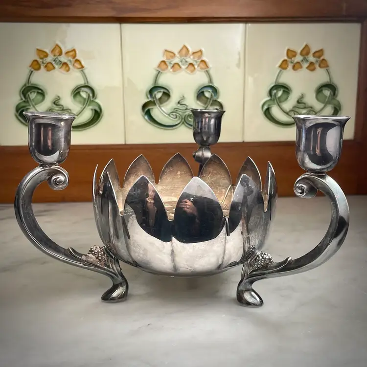Vintage Leonard Silverplate 3 Candle Lotus Flower with Flower Frog Centerpiece 4.75x8"