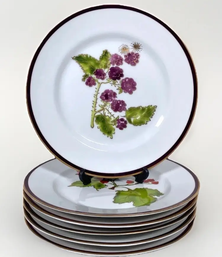 Crate & Barrel Dessert Plates Berries Theme Gold Trim Country Home Set of 6